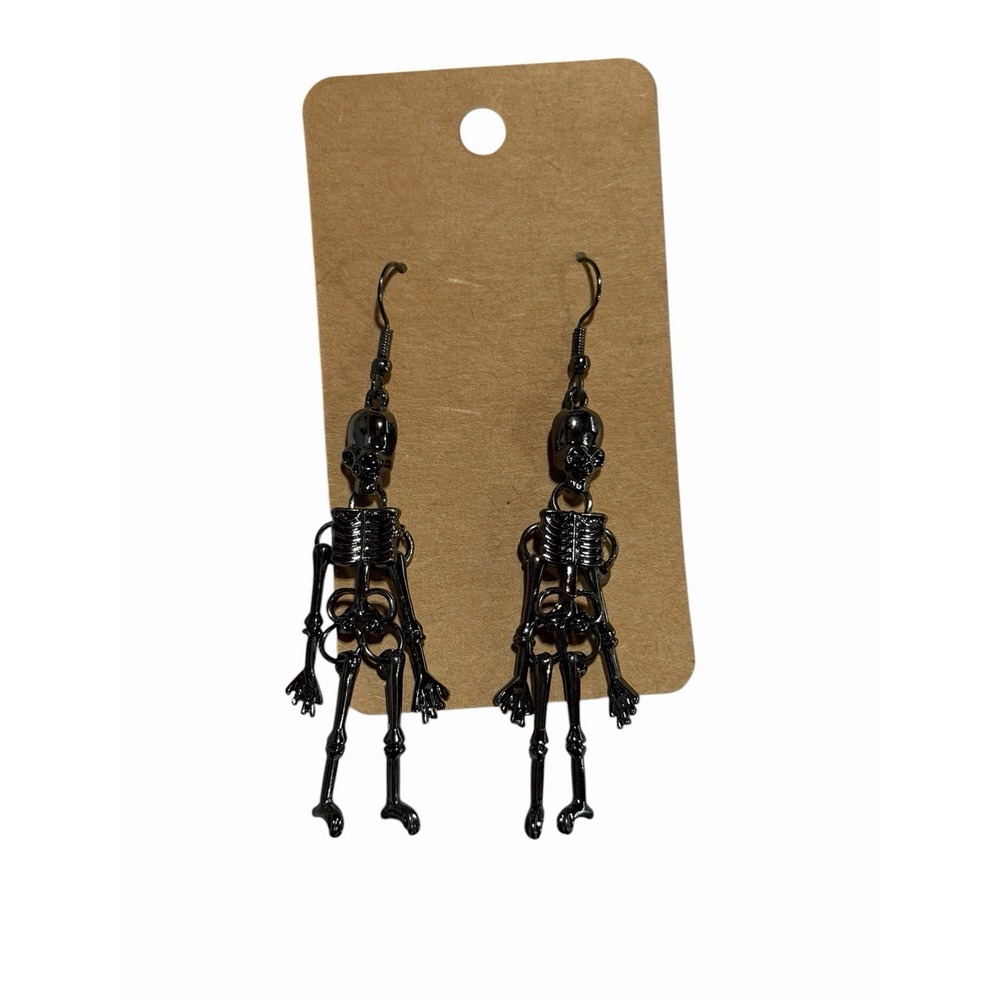 Black Metal Skeleton Dangle Earrings Gothic Halloween Spooky Drop Jewelry‎